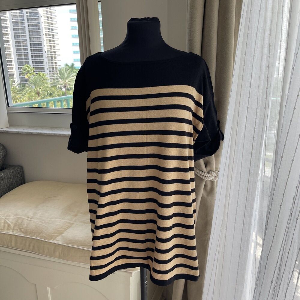 Jones New York Tan Black Striped Knit Cotton Sweater Top Short Sleeves PL